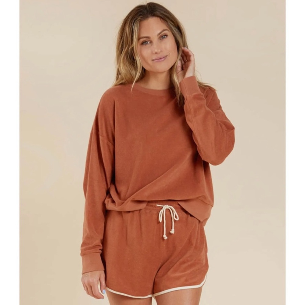Rylee + Cru SET - Terry Cloth 2 Piece Sweatshirt Shorts Terracotta Rainbow M